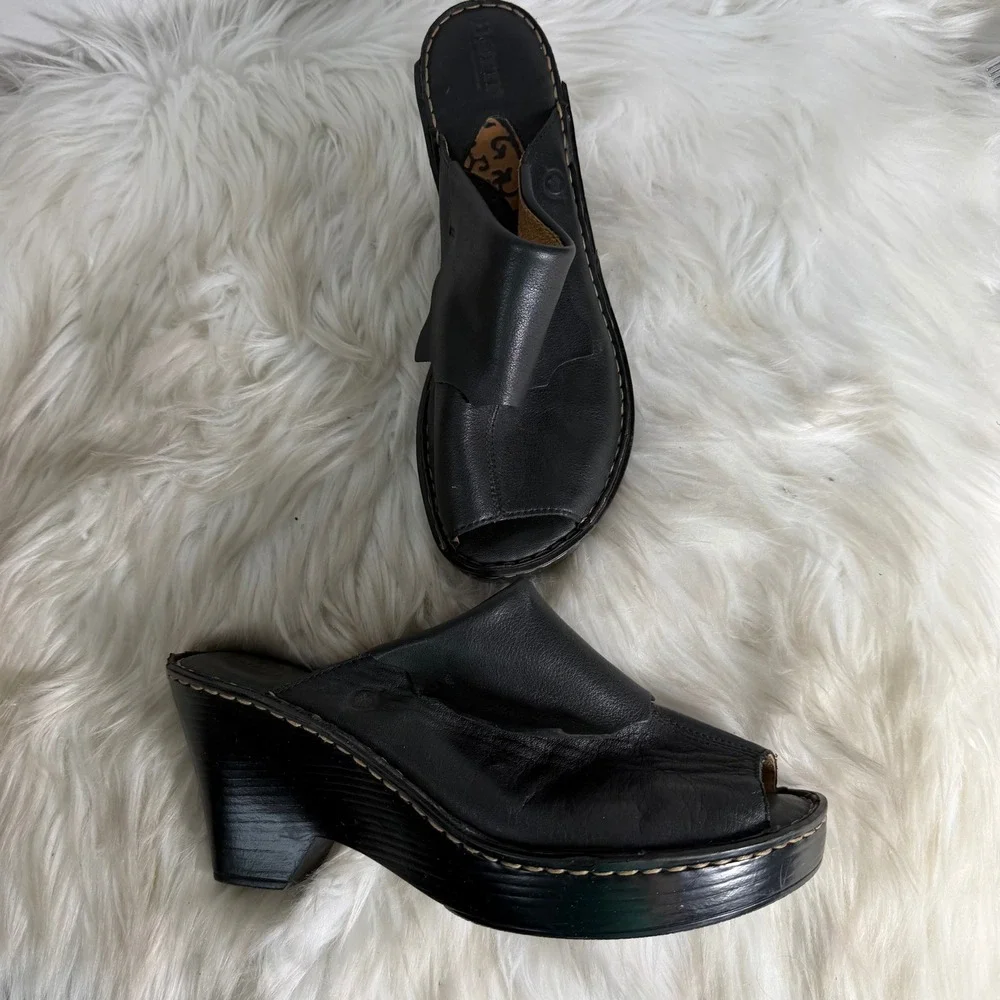 Born Black‎ Leather Peep Toe Wedge Mules Sandals W3098 Womens 9 40.5